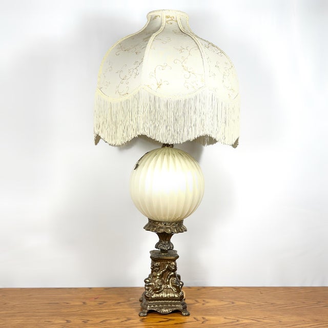 1950s Accurate Casting Hollywood Regency Cherub Lamp - 37" Manganese Glass & Victorian Fringe For Sale - Image 9 of 14