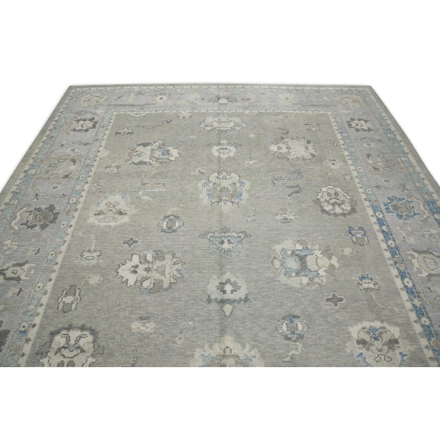 Early 21st Century Gray & Blue Handwoven Wool Turkish Oushak Rug – Floral Design, 8'10" X 11'10" For Sale - Image 4 of 8