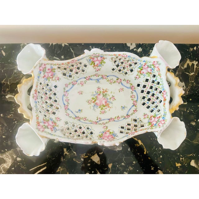 Rococo Antique German Dresden Reticulated Porcelain Floral Centerpiece Bowl For Sale - Image 3 of 9