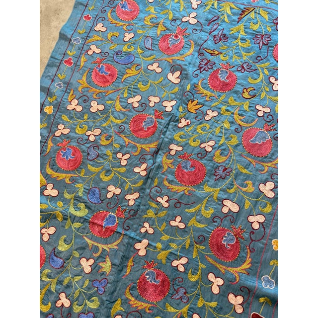 Blue Silk Suzani Wall Decor With Red Pomegranates For Sale In New York - Image 6 of 10