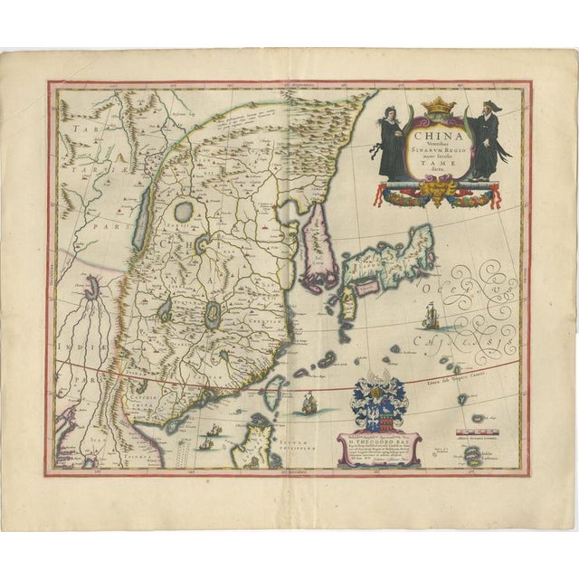 Antique Map of China, Japan & Korea with Cartouches and Ships from Blaeu, 1642 For Sale - Image 3 of 12