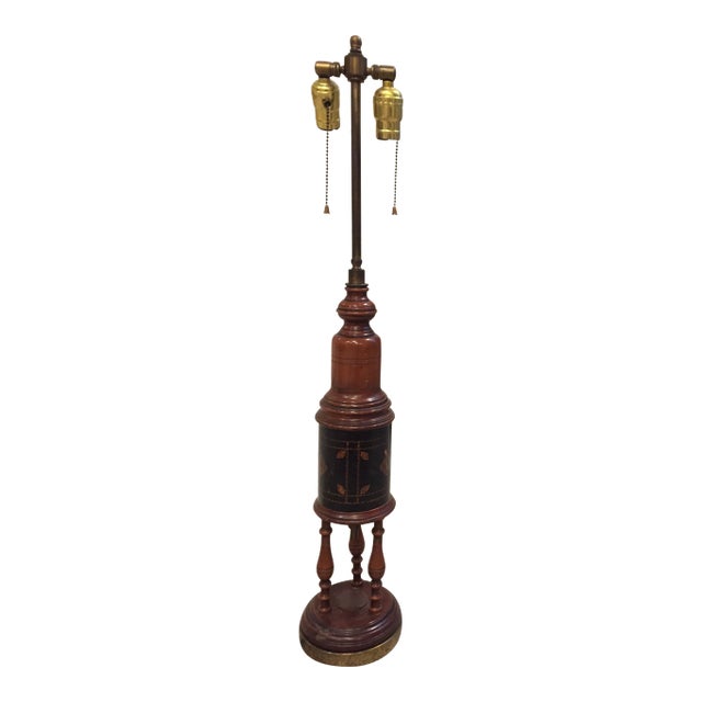 1950s Vintage Wood & Leather Column Table Lamp For Sale