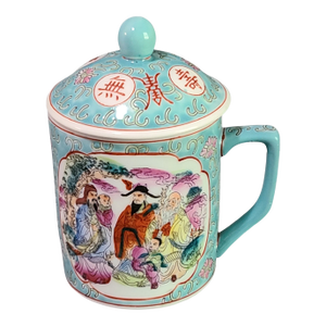 Vintage Ceramic Famille Rose Chinese Immortals Figural Tea Mug W/Lid