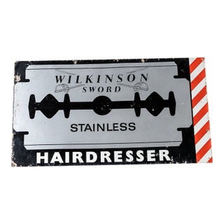Vintage Wilkinson Sword Hairdresser Heavy Tin Litho Sign For Sale
