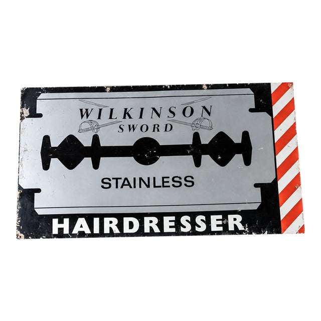 Vintage Wilkinson Sword Hairdresser Heavy Tin Litho Sign For Sale
