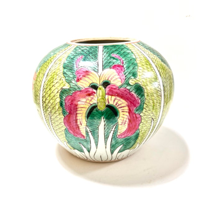 Gorgeous antique hand painted melon jar in Famille Verte or Bok Choy. It features vibrant colors of pink, several shades...