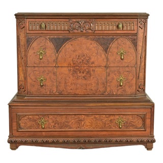 Berkey & Gay Style Antique Victorian Carved Walnut and Burl Wood Chest of Drawers | Circa 1930s For Sale