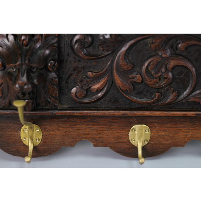Antique French Hand-Carved Oak and Brass Wall Coat Rack with Lion Heads, 1900s For Sale - Image 6 of 18