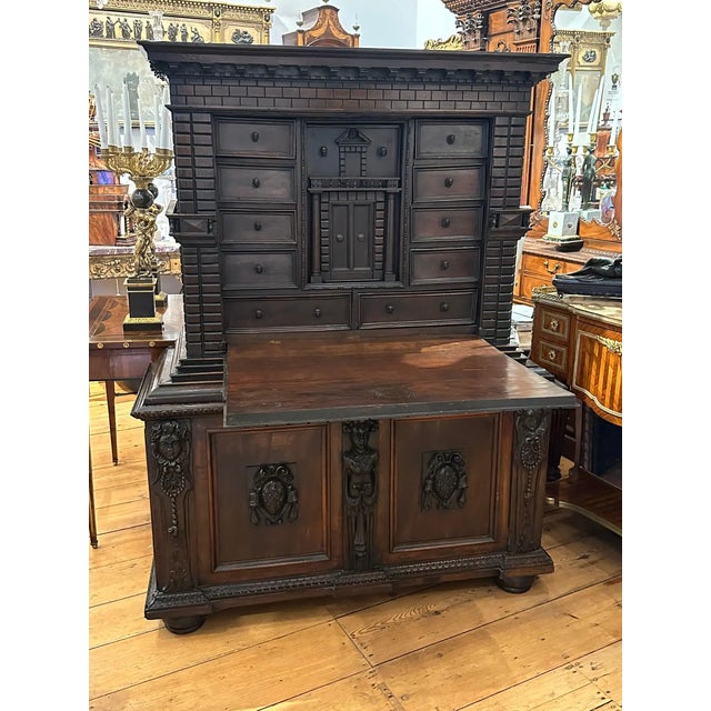 Rare Italian Walnut "Renaissance" Collector's Cabinet of The Grand Tour. Architectural form influenced by the design of...