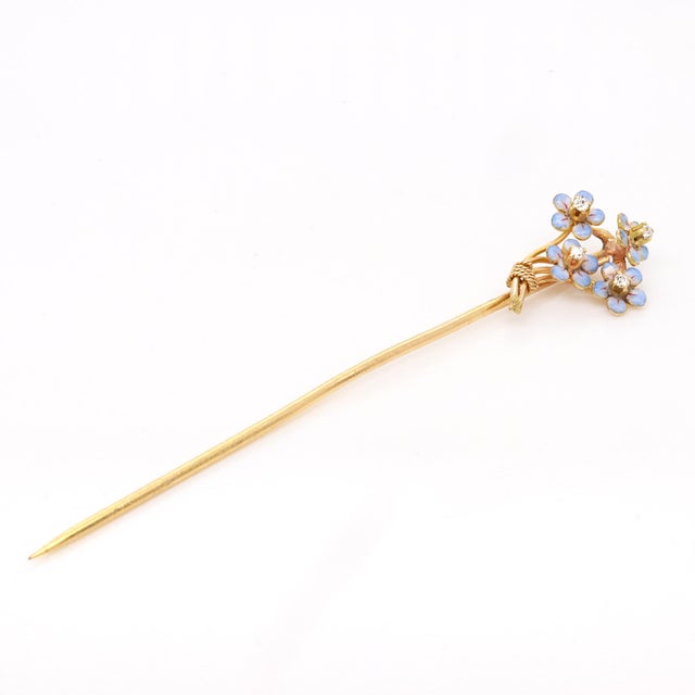 Antique 14k Gold, Diamond, & Enamel Forget-Me-Not Bouquet Stickpin For Sale - Image 4 of 9