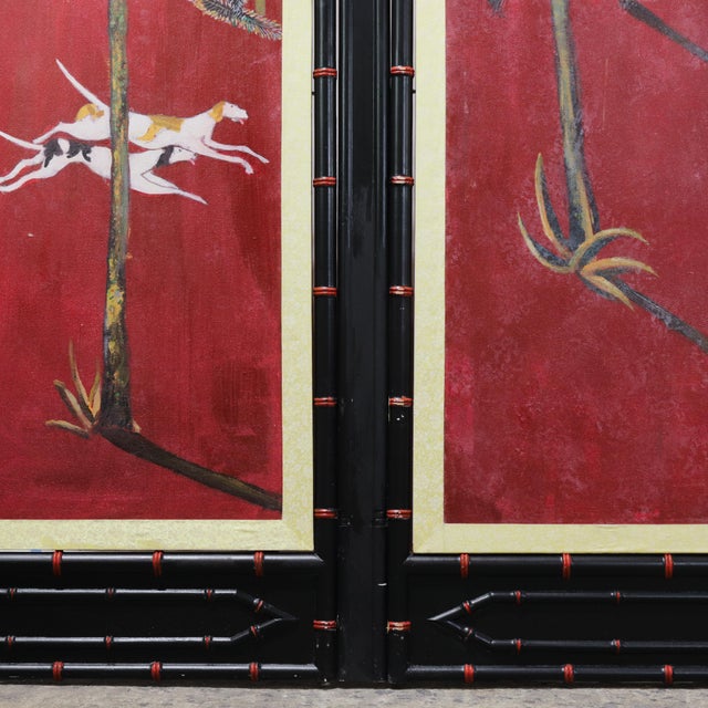 Vintage Chinoiserie Four-Panel Folding Screen – Hand-Painted English Hunting Scene With Black Faux Bamboo Frame For Sale - Image 12 of 17