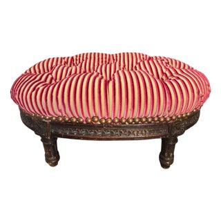 Antique Lions XVI Carved Walnut Silk Velvet Tufted Petite Footstool Ottoman For Sale