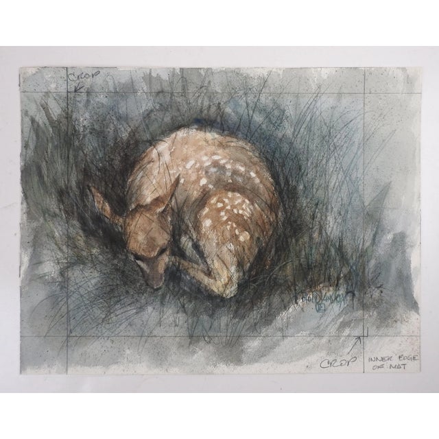 Contemporary Contemporary Sleeping Fawn Watercolor Painting For Sale - Image 3 of 3