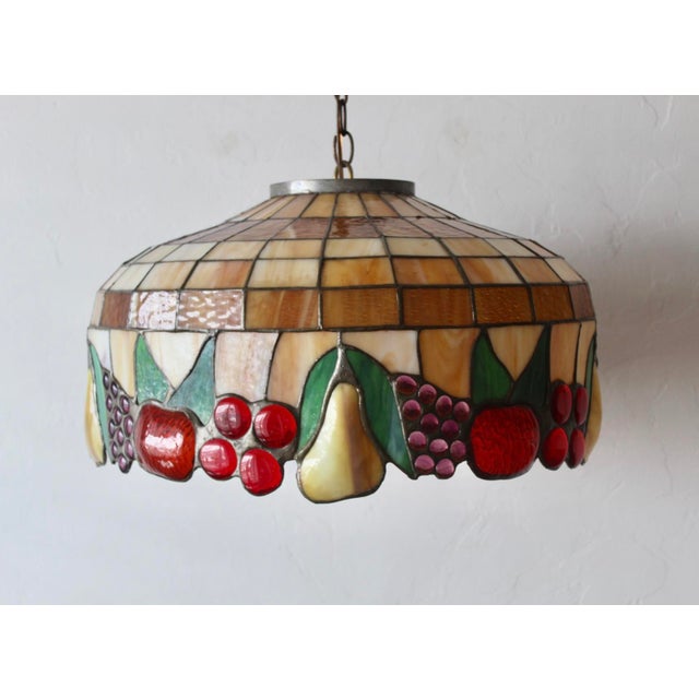 Tiffany and Co. 1970s Tiffany-Style Stained Glass Fruit Leaf Motif Pendant Hanging Light Fixture For Sale - Image 4 of 18
