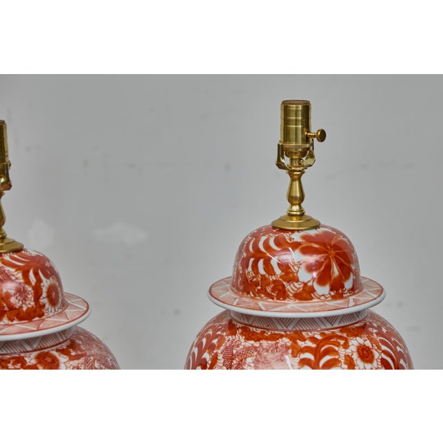 Red Pair of Red and White Porcelain Dragon Temple Jar Table Lamps For Sale - Image 8 of 12