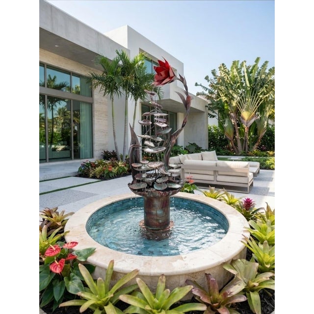 Vintage Copper Lotus & Lily Pad Cascading Fountain For Sale - Image 9 of 12