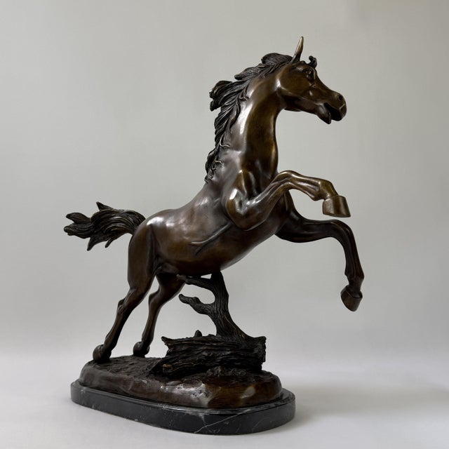 Late 20th Century Bronze Rearing Horse Sculpture on Marble Base, 21” H – Dynamic Equestrian Statue For Sale - Image 4 of 10