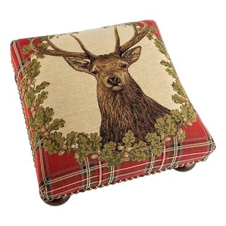 Stag Red Tartan Tapestry Footstool For Sale