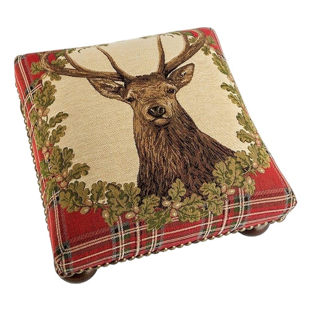 Stag Red Tartan Tapestry Footstool For Sale