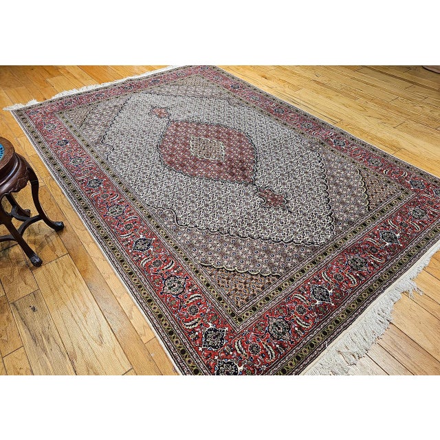 Persian Antique Persian Tabriz Mahi Rug, Hand-Knotted Wool & Silk, Herati Geometric Pattern, Ivory & Red, 7x10 For Sale - Image 3 of 17