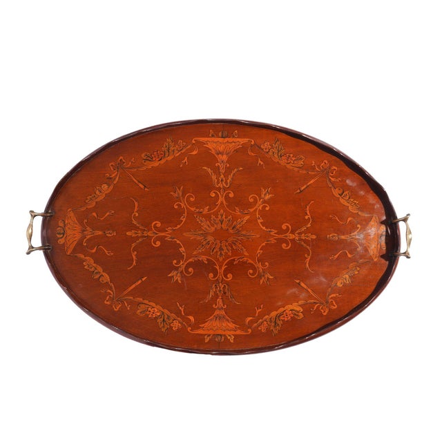 English English Mahogany Oval Inlaid Serving Tray With Scalloped Gallery, C. 1800's For Sale - Image 3 of 15