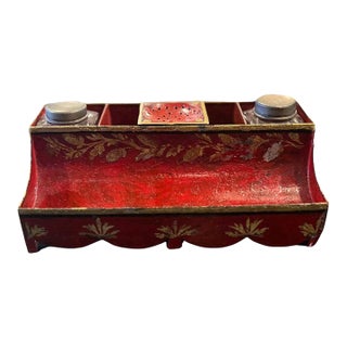 18th Century French Red Tole Painted Ink Stand For Sale