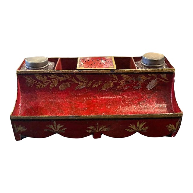 18th Century French Red Tole Painted Ink Stand For Sale