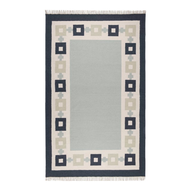 Part & Parcel Goods Wool Chain Rug 10' x 14', Sky Blue, Navy, Celadon and Eggshell For Sale