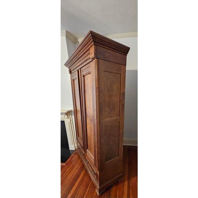 American Signed 19th Century Walnut Armoire Wardrobe With Hand Carved Details For Sale - Image 3 of 12