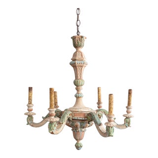 Vintage 1960s-80s Italian Polychromed Carved Wood Chandelier For Sale