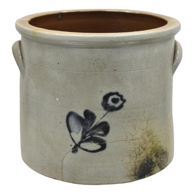 Antique Stoneware Salt Glazed 9" Round Pottery Crock Pot With Blue Flower For Sale