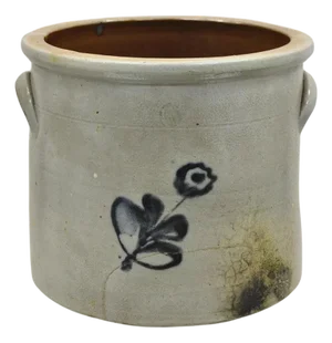 Antique Stoneware Salt Glazed 9" Round Pottery Crock Pot With Blue Flower