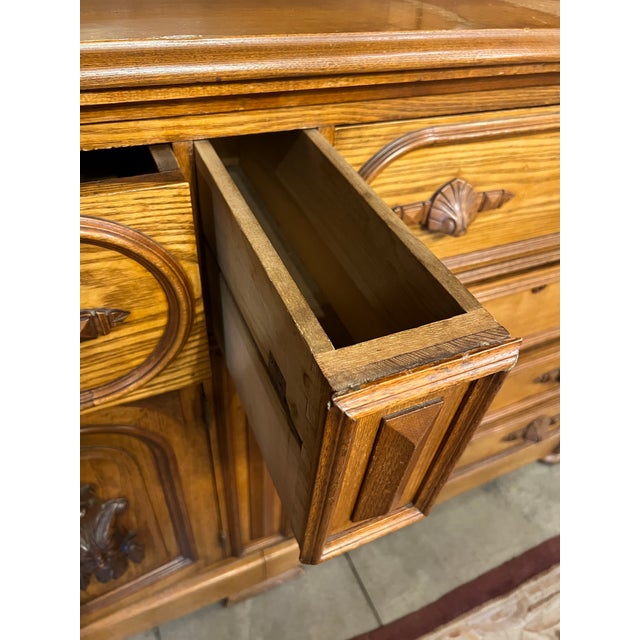1920s American Jacobean Revival Oak Secretary China Cabinet Hutch With Hidden Prohibition Compartmen For Sale - Image 9 of 11