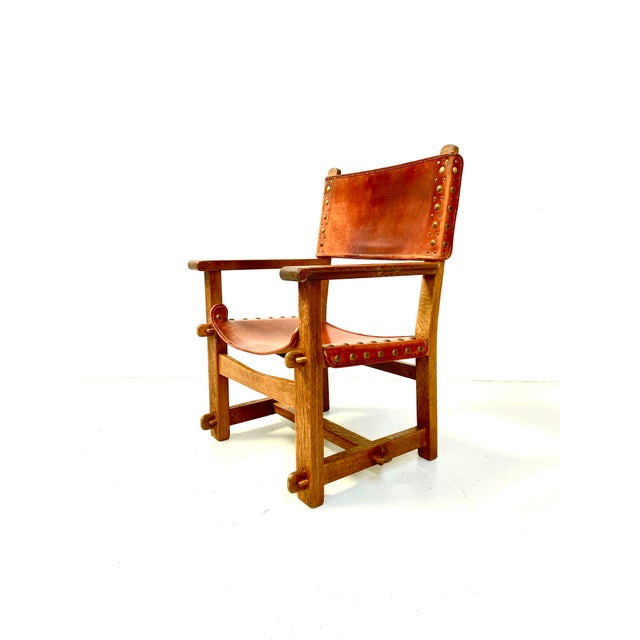 Vintage French Brutalist Castle Armchair in Oak and Cognac Leather, 1920s For Sale - Image 9 of 16