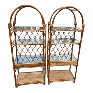 Late 20th Century Pair Dome Top Rattan Etageres Shelves For Sale
