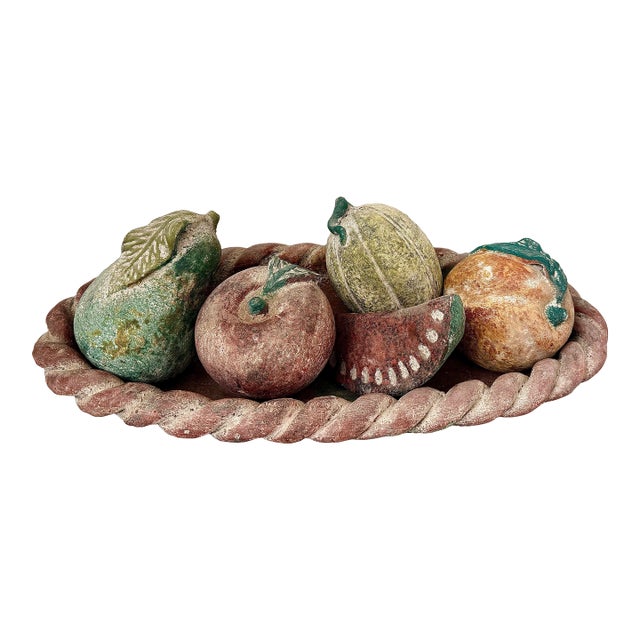 1970’s Vintage Monumental Mexican Folk Art Hand-Painted Terracotta Clay Fruit in Braided Oval Bowl, Centerpiece - Set of 6 For Sale