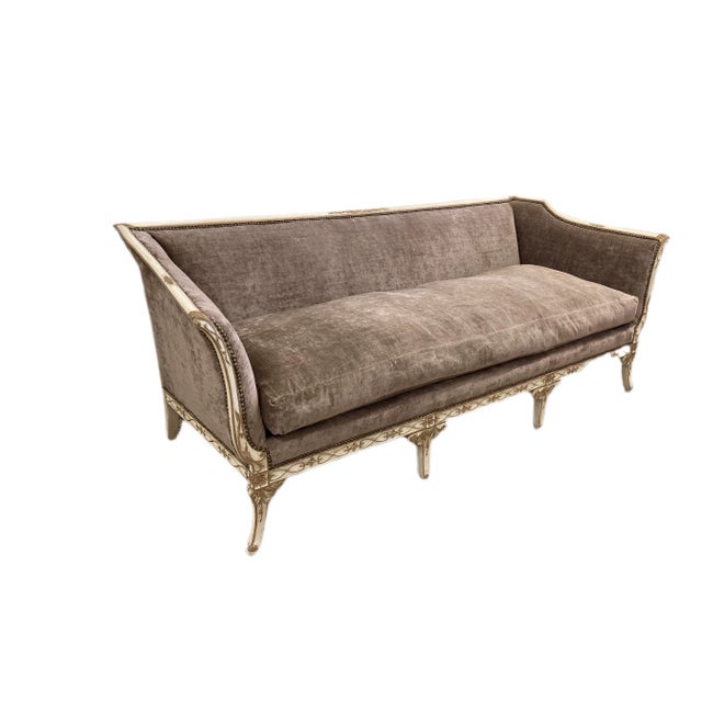Antique Sofa completely restored in Mulberry tone velvet fabric with nail head trim and Custom painted white and gold...