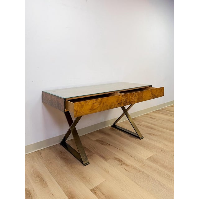 Vintage John Stuart MCM Burlwood Executive Desk Bronze Legs Glass Top Collectable For Sale - Image 9 of 13