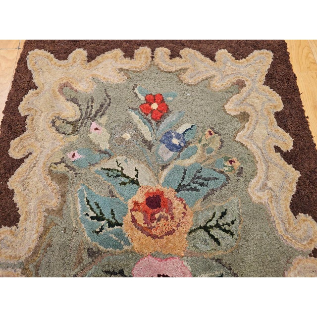 Brown Vintage Hand-Hooked Rug, Banded Floral Pattern, Wool & Cotton, American Folk Art, 2x3 For Sale - Image 8 of 15