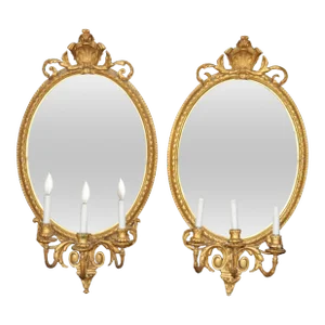 Large Antique Giltwood English Georgian Mirrors with Lights - A Pair