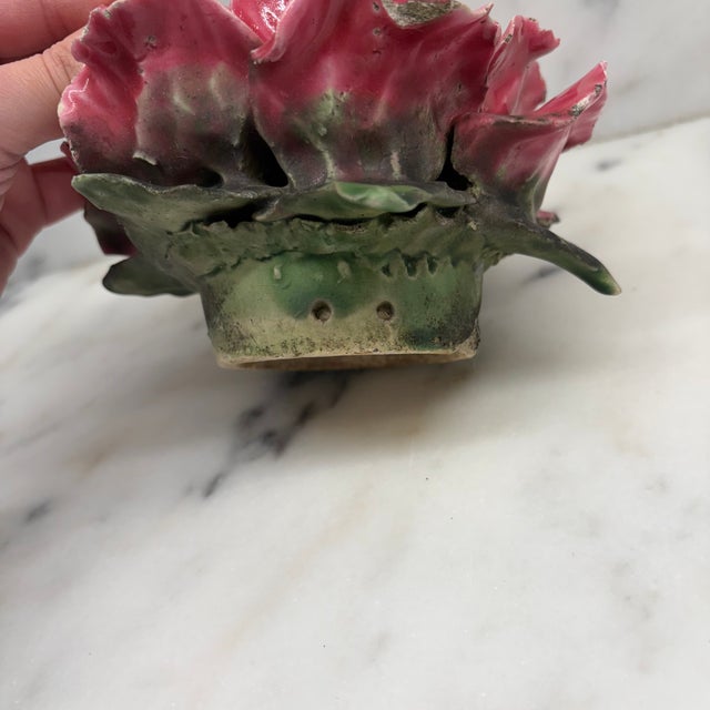 Ceramic Antique French Pink Porcelain Rose Flower Sculpture With Green Leaves For Sale - Image 7 of 8