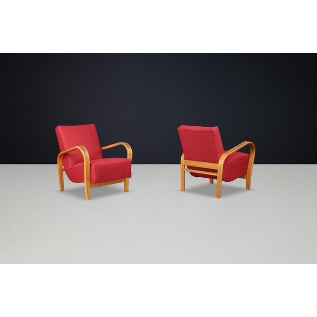 Red Upholstered Bentwood Armchairs attributed to Karel Koželka & Antonín Kropáček, 1940s, Set of 2 For Sale - Image 8 of 9