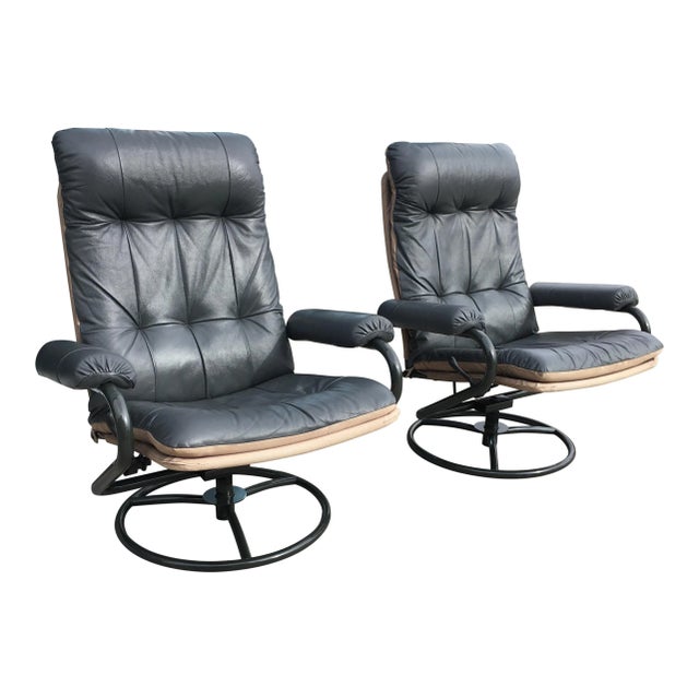 Fine pair of Scandinavian grey eco leather & cotton woven Stressless style lounge chairs, manufactured by ChairWorks™️,...