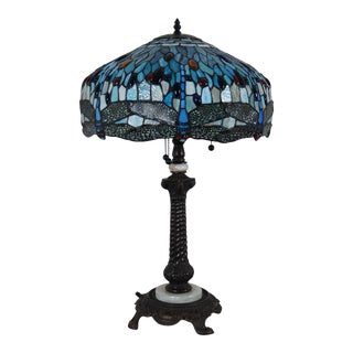 Mid 20th Century Vintage Tiffany Style Stained Glass 3 Light Dragonfly Parlor Table Lamp For Sale