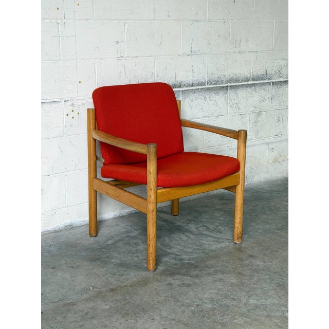Wood Vintage Danish Oak Lounge Chair by Skive Møbelfabrik Mid-Century Modern Red Upholstery For Sale - Image 7 of 13