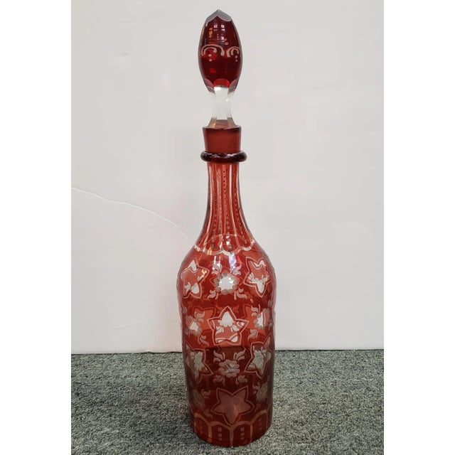 Victorian C. 1880 Bohemian Ruby Flash Glass Stars/Floral Motifs Decanter For Sale - Image 3 of 9