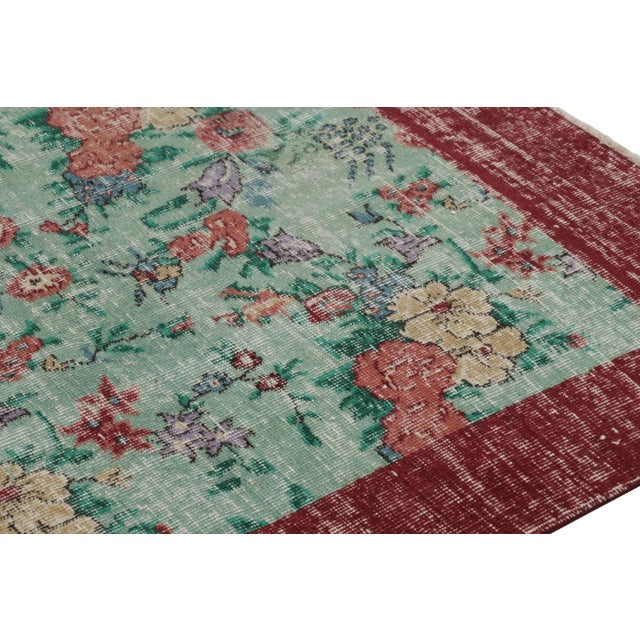 Traditional Vintage Distressed Rug, Soft Sage and Red Floral Allover Pattern - Rug & Kilim For Sale - Image 3 of 8