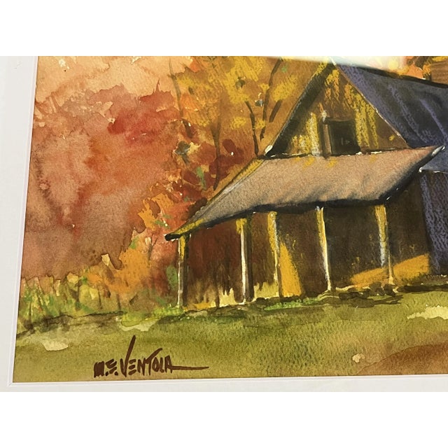 Framed Original Signed Watercolor Painting by M E Ventola of an 'Old Barn in Autumn' For Sale - Image 4 of 13