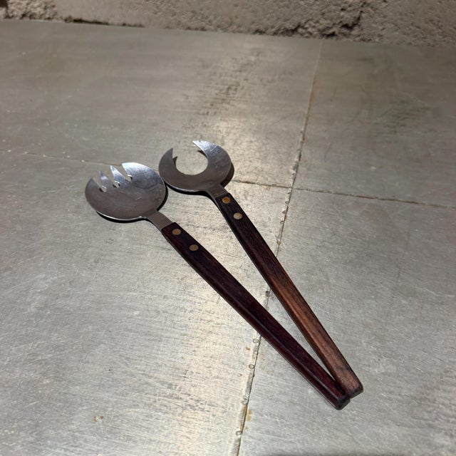 Mid-Century Modern Vintage Mid-Century Modern Salad Server Spoons Stainless Wood Japan For Sale - Image 3 of 6