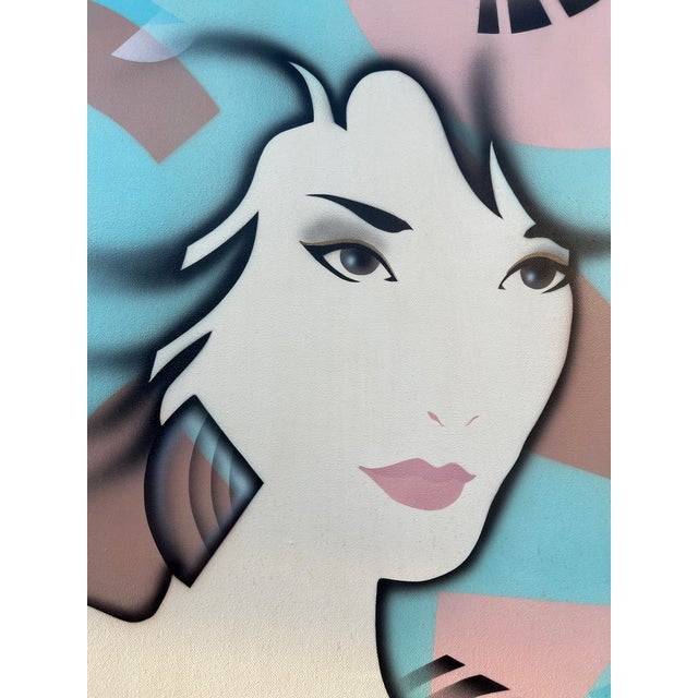 Post Modern Oil Painting in the Patrick Nagel Style, Framed and Signed by the Artist. Circa 1980s. For Sale - Image 10 of 15